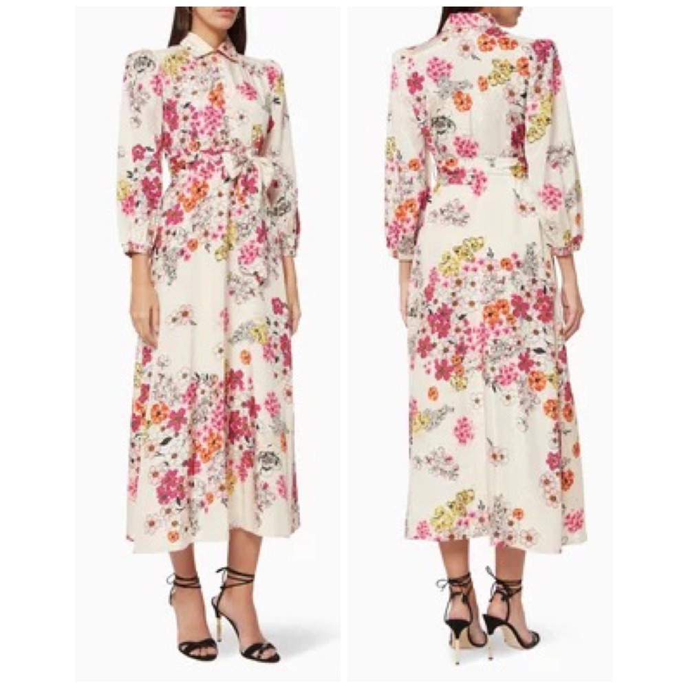 byTiMo Delicate Satin Shirt Dress Women XL Cream Floral Dotted Jacquard Midi